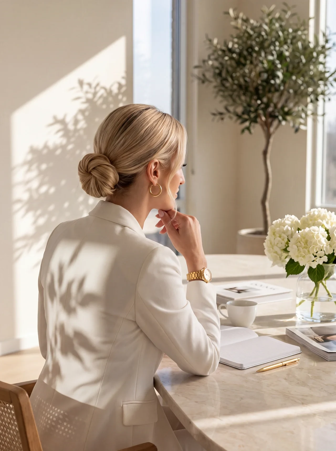 Criadora de perfil trabalhando em mesa próxima a uma janela